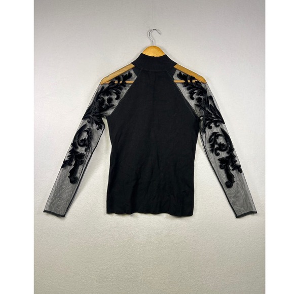 INC International Concepts Black Mock Neck Mesh Velvet Burnout Long Sleeve Top M - Picture 2 of 8